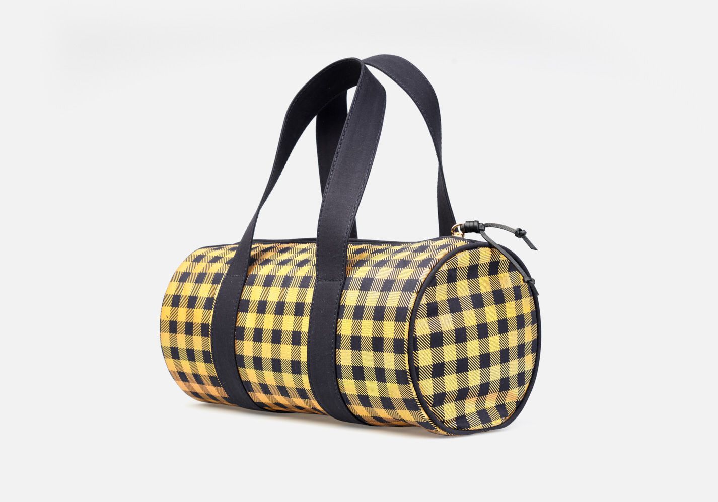 Bolso cilÃndrico marino con cuadro vichy lamidado en dorado - Modelo Strauss en color marino-dorado